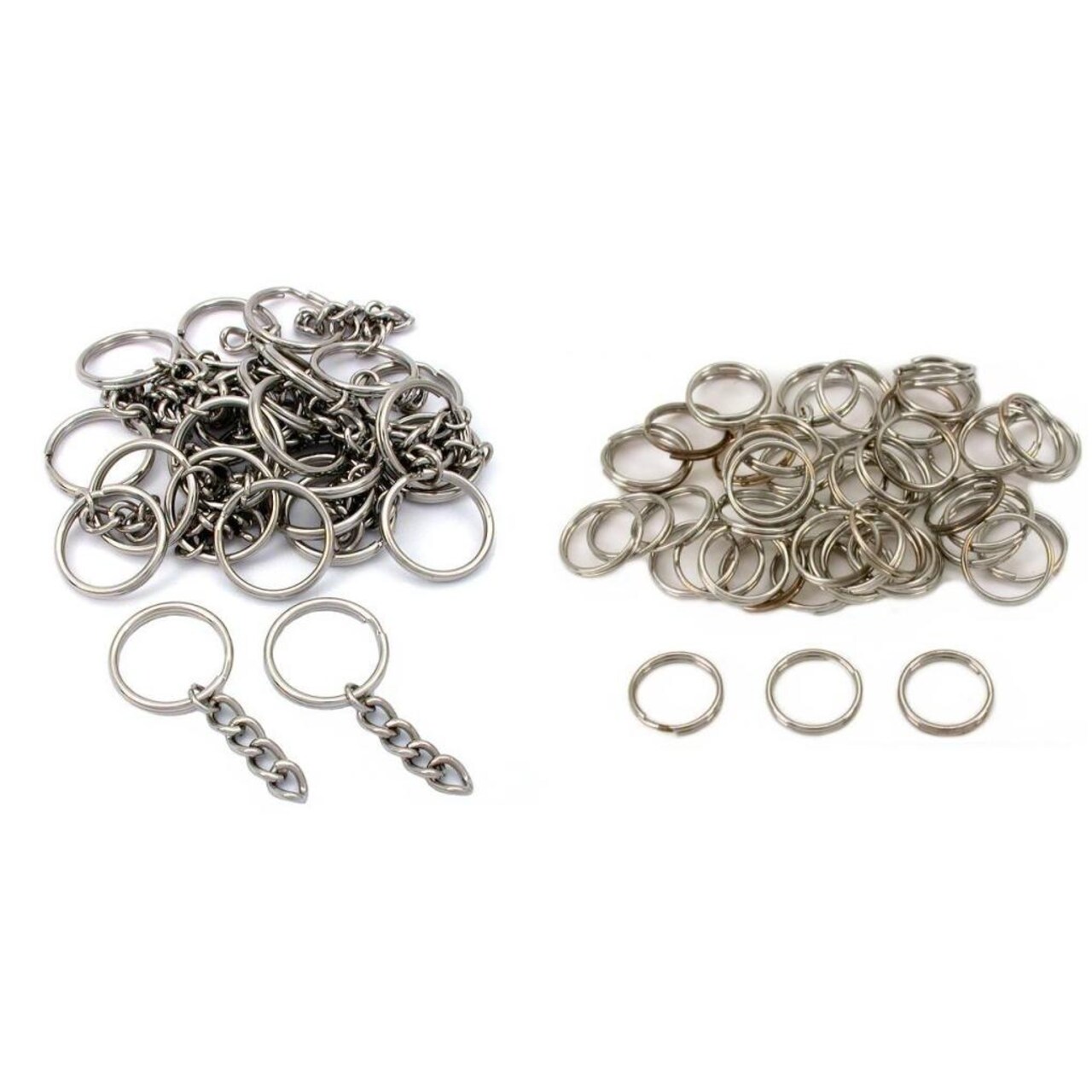 Nickle Plated Split Ring 12mm & Keyring with Chain 28mm Kit 75 Pcs
